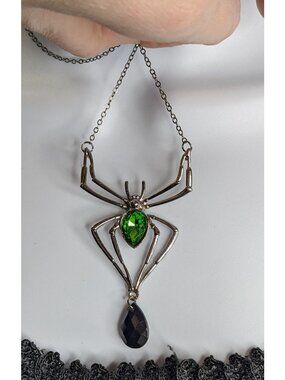 Gothic Spider Pendant Necklace With Green Gemstone & Black Teardrop Accent